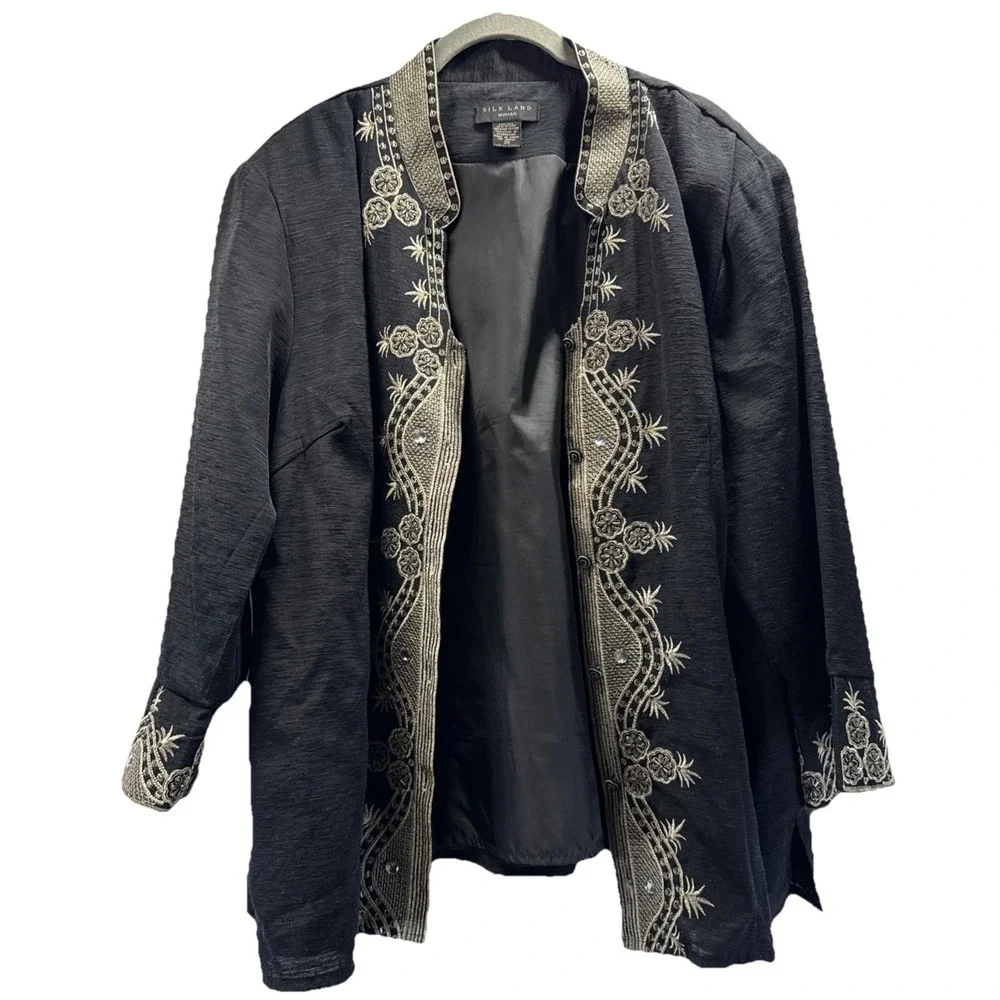 Silk Land Women's Jacket Size 2X‎ Black Gold Beaded Bling Button Up Tunic Lined